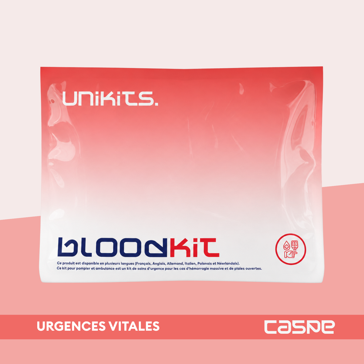 Kit d'urgence UNIKITS BLOODKIT pour contrôler hémorragies et traiter plaies ouvertes, comprenant matériel médical essentiel.