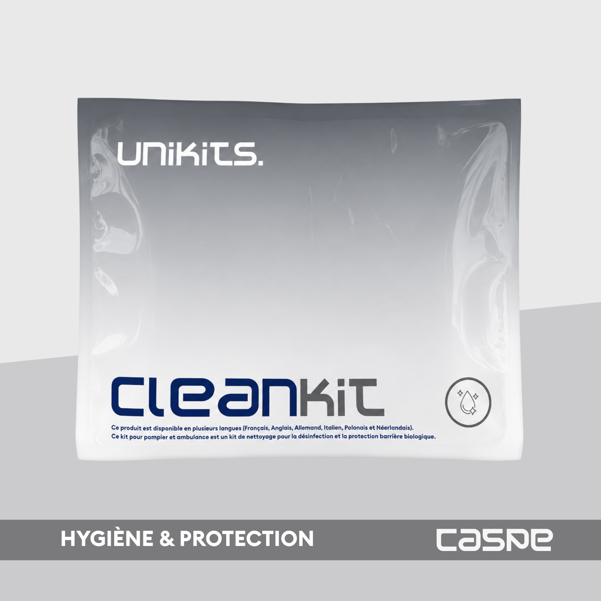 Kit de nettoyage UNIKITS™ CLEANKIT2 pour la désinfection, comprenant des produits médicaux pour une hygiène efficace.