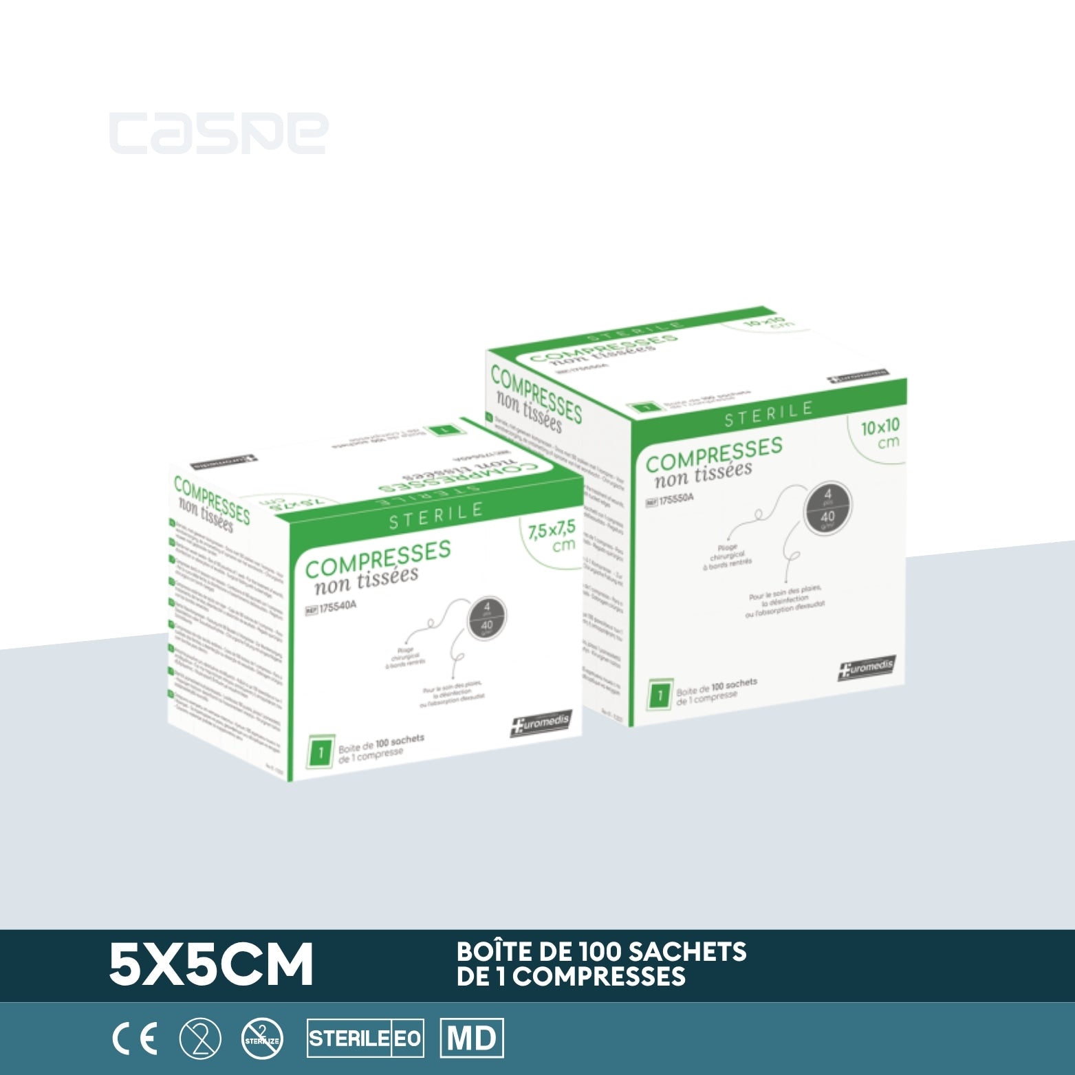 EUROMEDIS Steriel non-woven kompres - 40g/m² - 4 lagen - 5x5cm - Doos à 100 zakjes / 1 per zakje