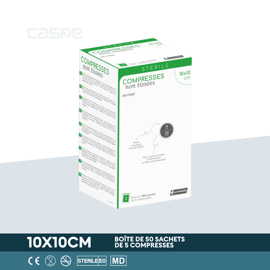 EUROMEDIS Steriel non-woven kompres - 30g/m² - 4 lagen - 10x10cm - Doos van 50 zakjes / 5 per zakje