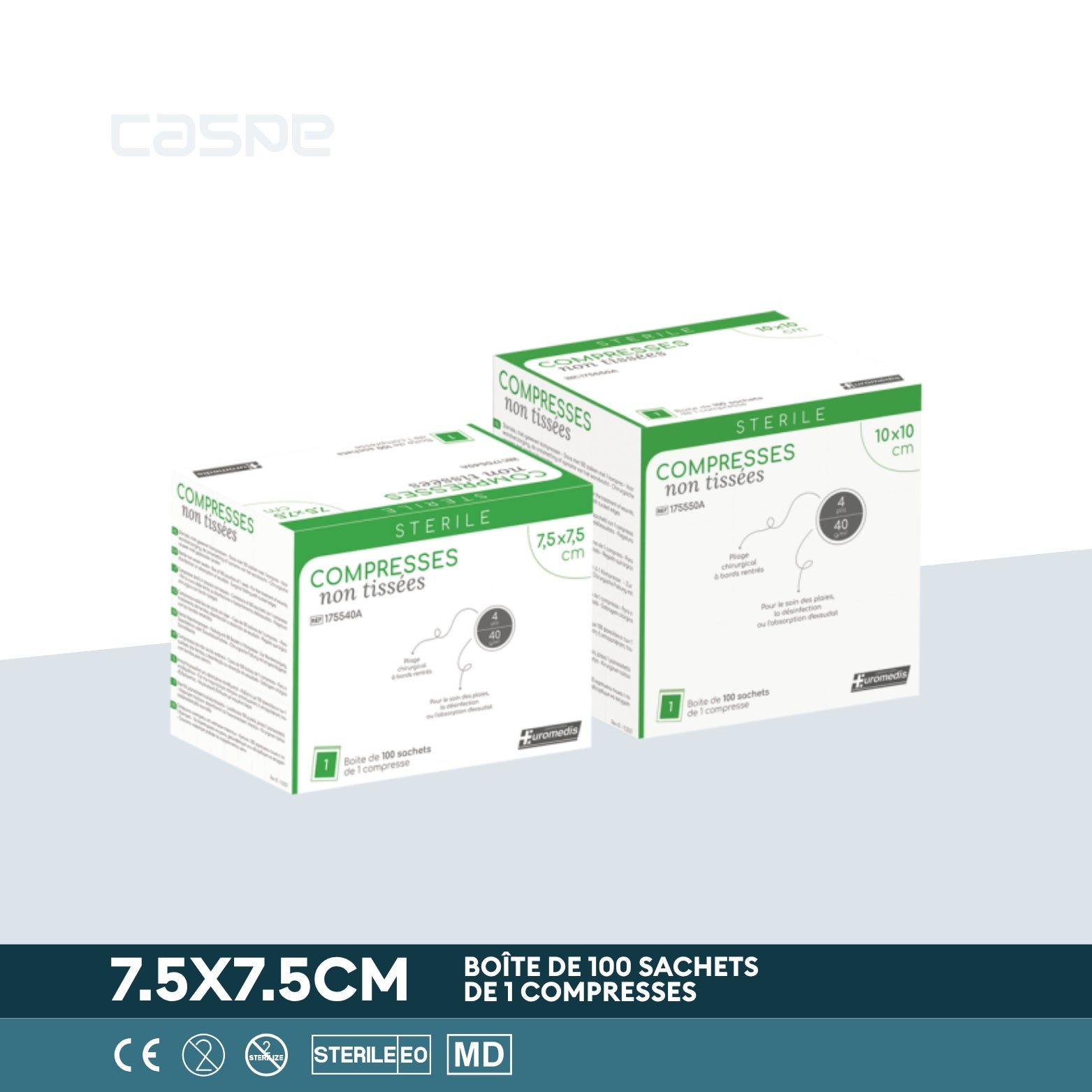 EUROMEDIS Steriel non-woven kompres - 40g/m² - 4 lagen - 7.5x7.5cm - Doos van 100 zakjes / 1 per zakje