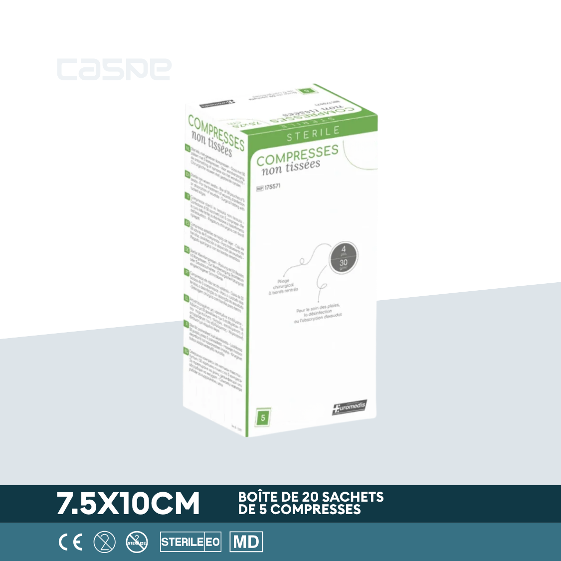 EUROMEDIS Niet-geweven steriel kompres - 30g/m² - 4 lagen - 7.5x10cm - Doos van 20 zakjes / 5 per zakje