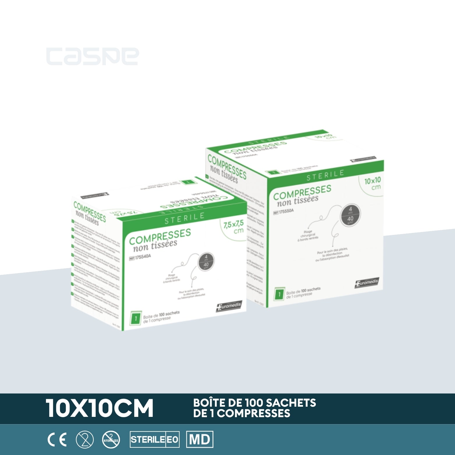 EUROMEDIS Steriel non-woven kompres - 40g/m² - 4 lagen - 10x10cm - Doos met 100 zakjes / 1 per zakje
