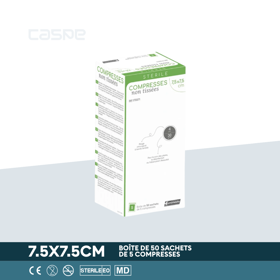 EUROMEDIS Niet-geweven steriel kompres - 30g/m² - 4 lagen - 7.5x7.5cm - Doos van 50 zakjes / 5 per zakje