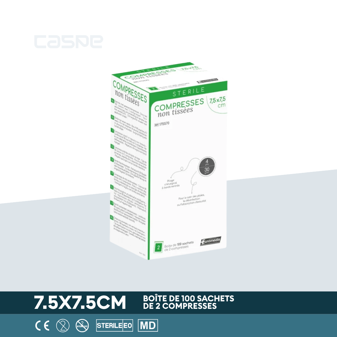 EUROMEDIS Steriel non-woven kompres - 30g/m² - 4 lagen - 7,5x7,5cm - Doos van 100 zakjes / 2 per zakje