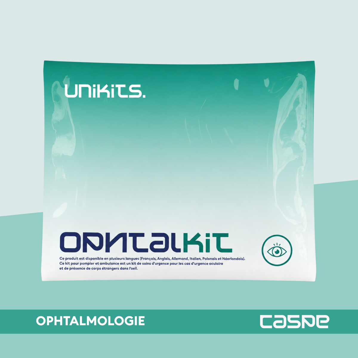 Kit de soins oculaires UNIKITS OPHTALKIT comprenant outils et produits pour urgences oculaires, dans un kit médical compact.