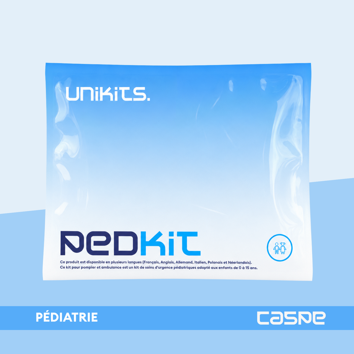 Kit de soins d'urgence pédiatriques UNIKITS™ avec pansements, seringues et accessoires pour premiers secours pour enfants.