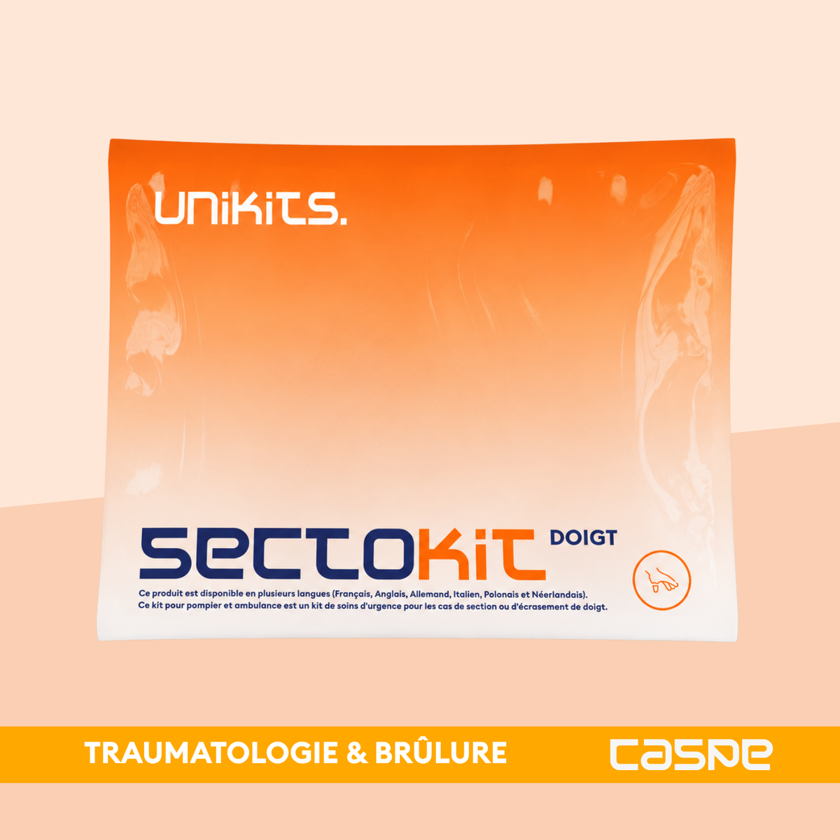 Kit d'urgence UNIKITS SECTOKIT pour doigt sectionné, comprenant fournitures médicales pour soins d'urgence.