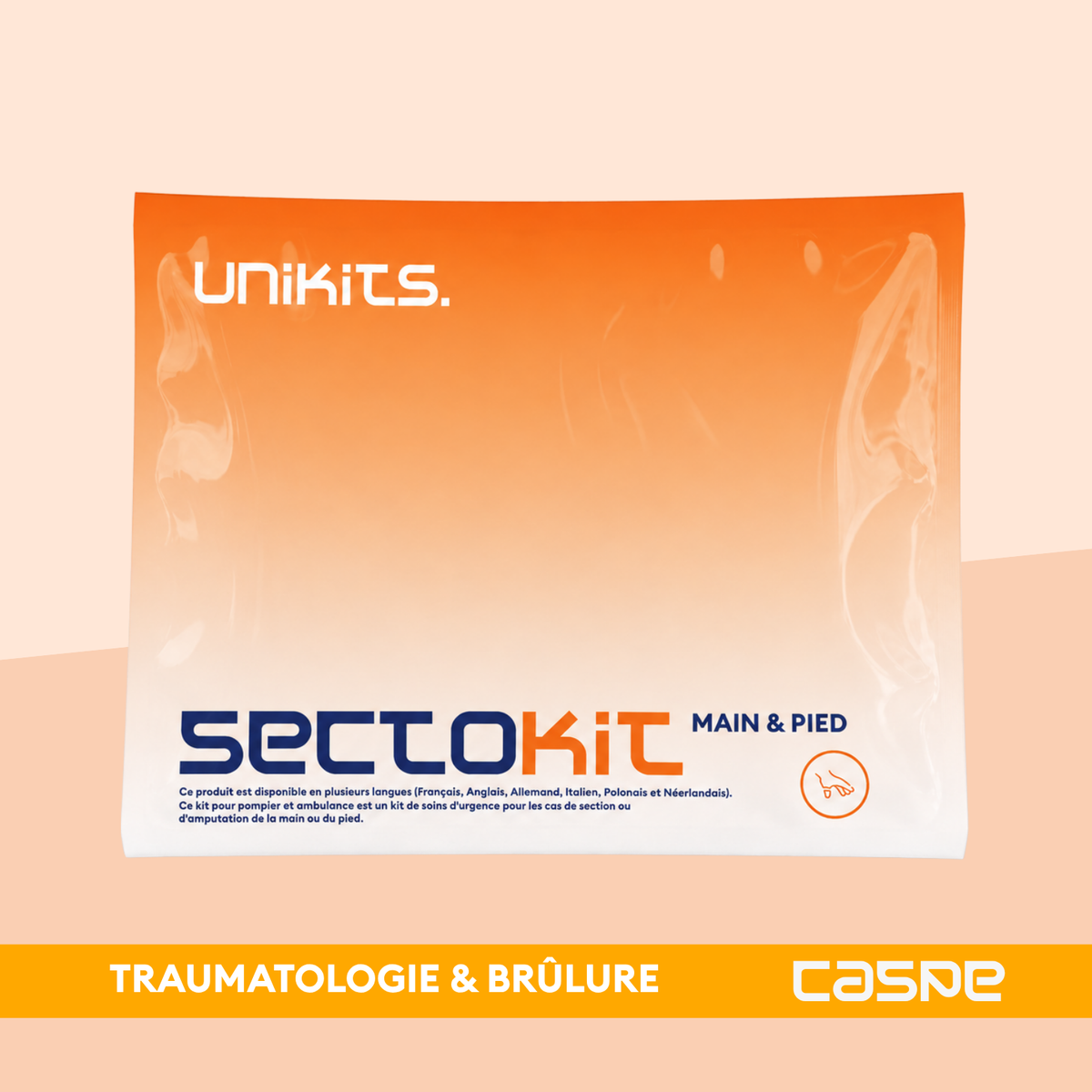 Kit d'urgence UNIKITS SECTOKIT pour membre sectionné, comprenant des outils pour la main et le pied en kit médical.
